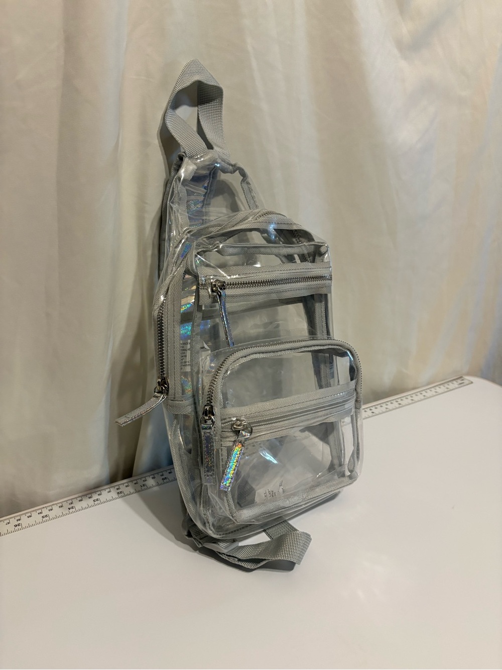 Clear PVC Rave Crossbody Sling Bag/Backback in Silver-Trim with Sparkling Strap